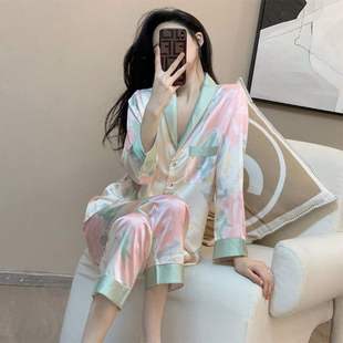 Casual Spring and Summer New Ice Silk Pajamas Women's Sweet Printed Long Sleeve Trousers Silk Home Clothes suit Hair
