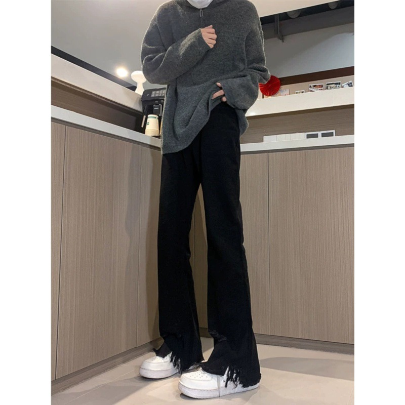 Jeans micro svasati neri puri con fori sui bordi sfrangiati, pantaloni americani high street aderenti e allungati, rossi da uomo e_voghion.com