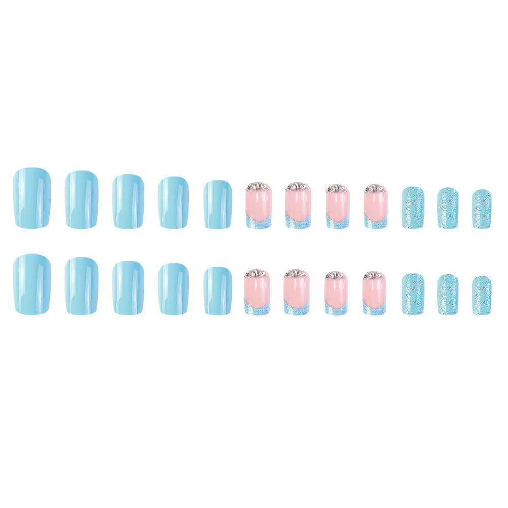 Venta caliente transfronteriza diamante estrella rosa azul arte de uñas desmontable ambiente de moda uñas de uso 24 piezas parche de uñas terminado