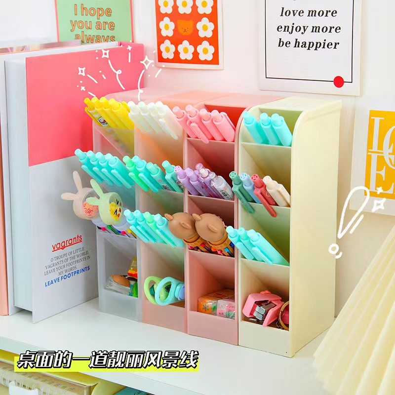 Inclined Pen Holder, Creative Plastic Storage Box, Multi-Functional Office Desk Stationery Storage Rack, Multi-Compartment Makeup Pen Holder