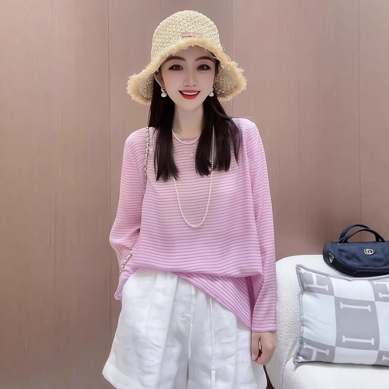 Pink Round Neck Design Pinstripes Thin Long-Sleeved 2025 Summer New Style Simple Casual Comfortable Shorts Two-Piece Set