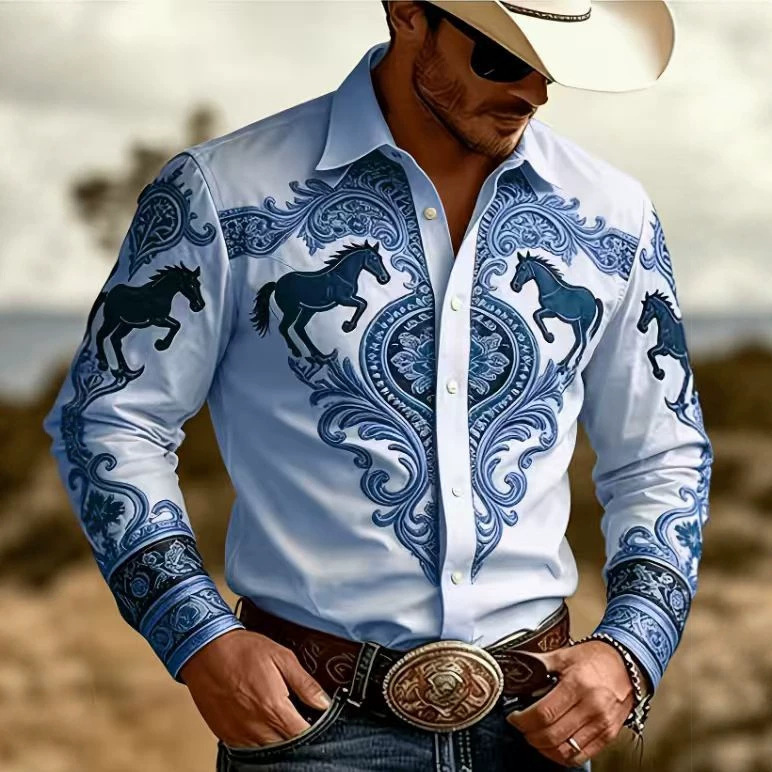 American retro-style long-sleeved shirt for men, featuring a light blue western print, a notched collar, a slim fit, and a denim-inspired design
