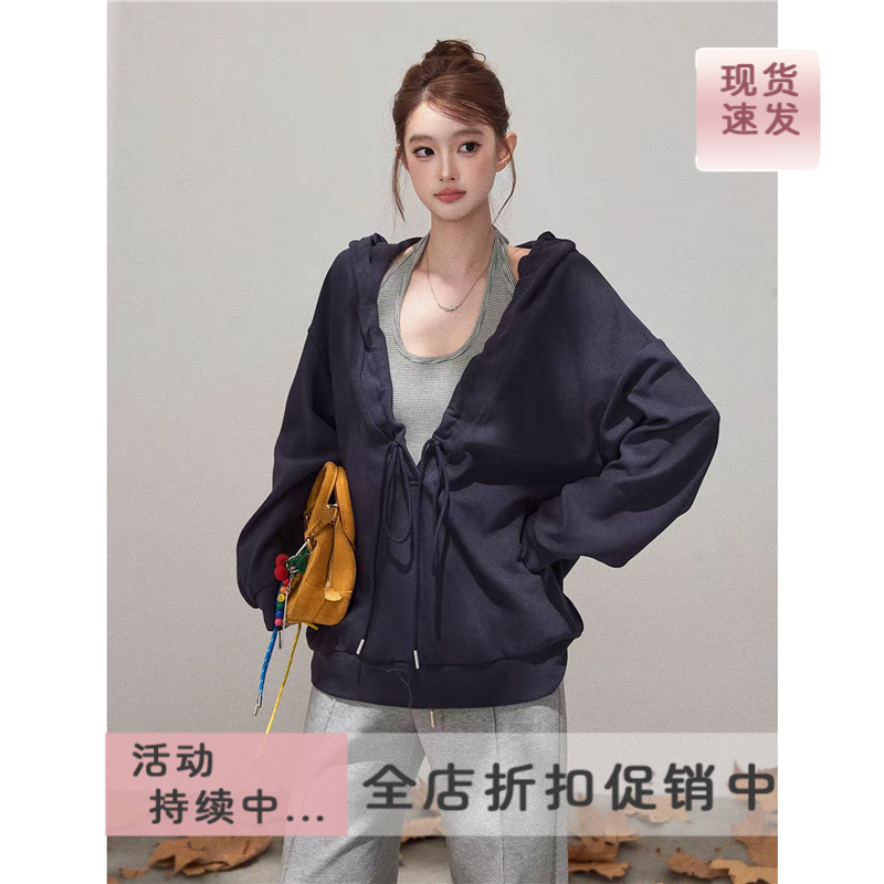 现货女装实价 抽褶连帽V领长袖卫衣女秋韩系休闲上衣X|undefined