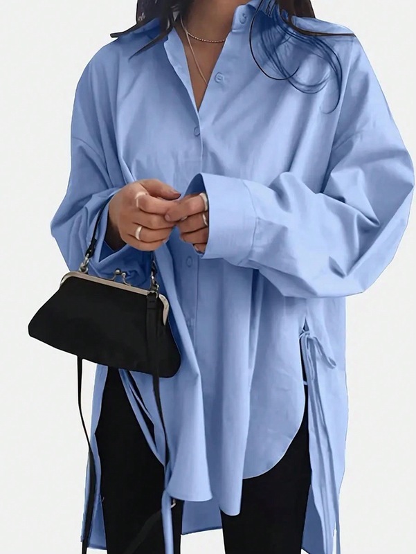 ヨーロッパとアメリカの貿易婦人服Amazon AliExpress新しい女性の初秋のルーズフロントショートバックロングレースアップスリムシャツ|undefined