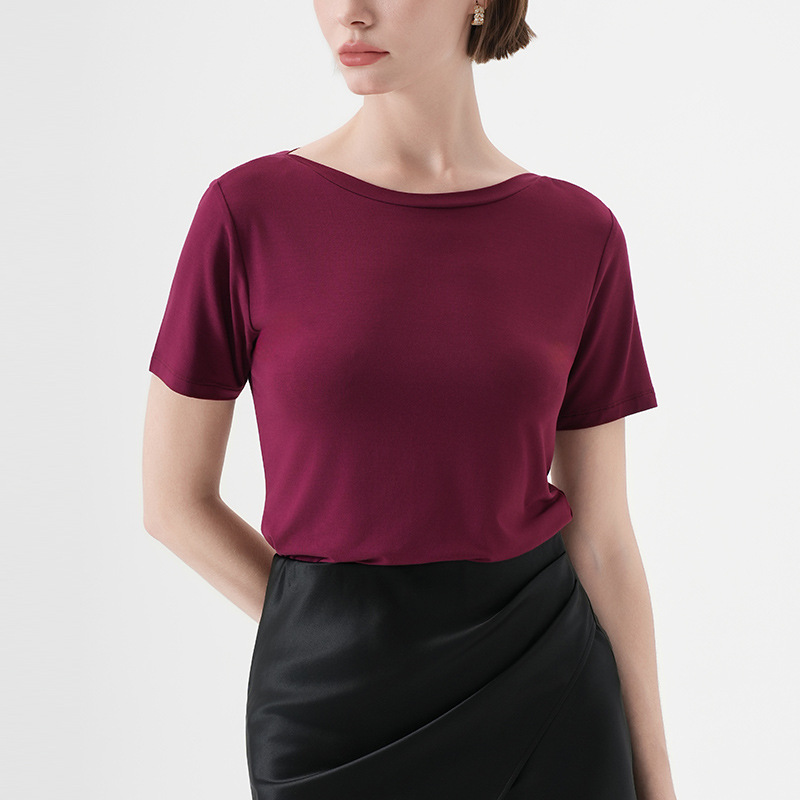 CANVAUS verano simple y suave camiseta glutinoso para mujer nueva versión coreana de color sólido cuello de una línea casual de manga corta jersey para mujer