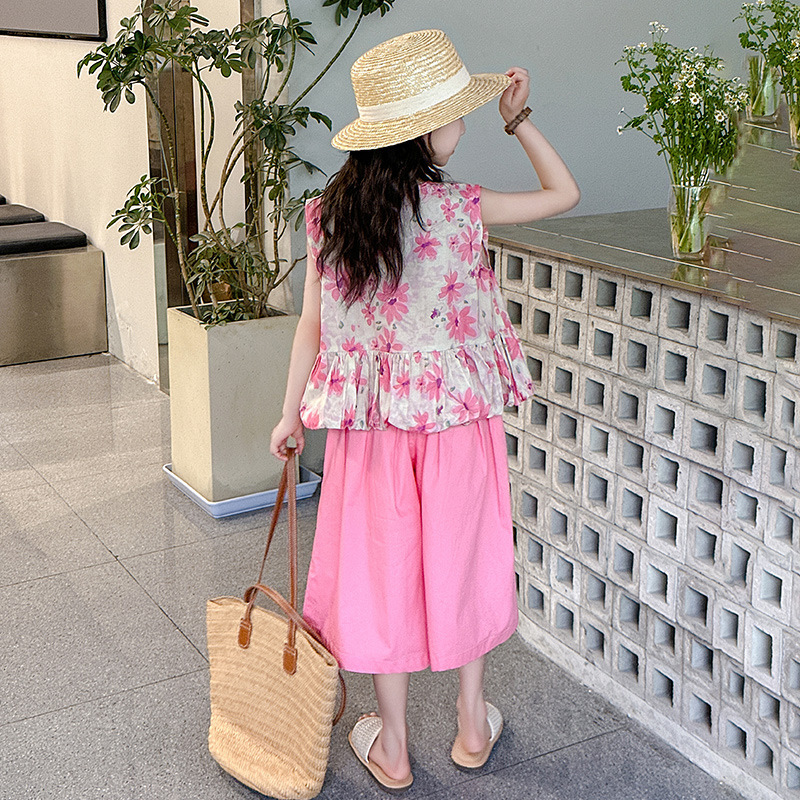 Und Mädchen Sommer Kleidung 2024 Neue Mittlere bis Große größe Floral Überkleidung, Bein Hosen, kinder Countryside Stil Zwei_voghion.com