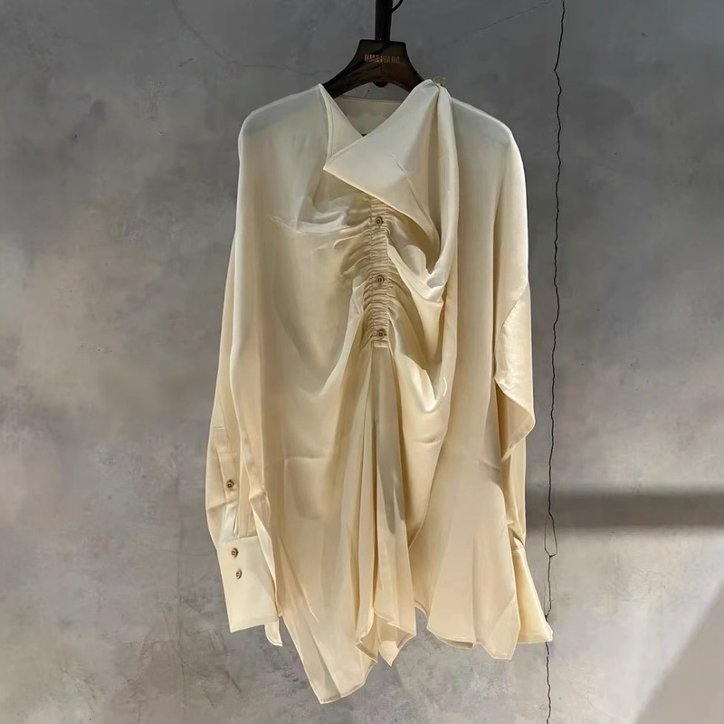 19 Mumi Silk Satin Asymmetrical Beige Shirt Is Fashionable and Versatile