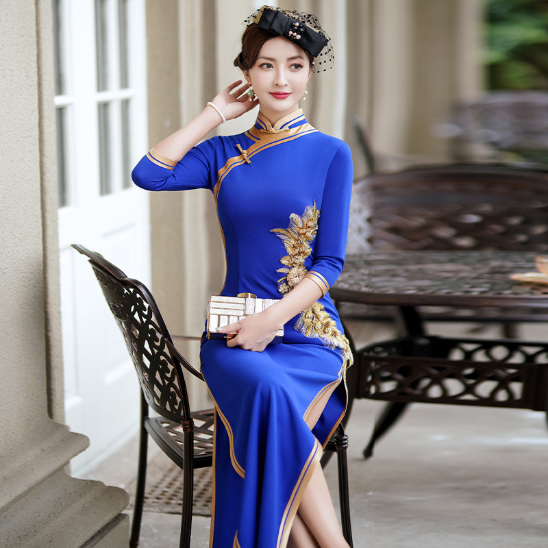 Royal blue Chinese  Dresses cheongsam oriental Qipao long sleeve high elastic small catwalk welcome show dress form