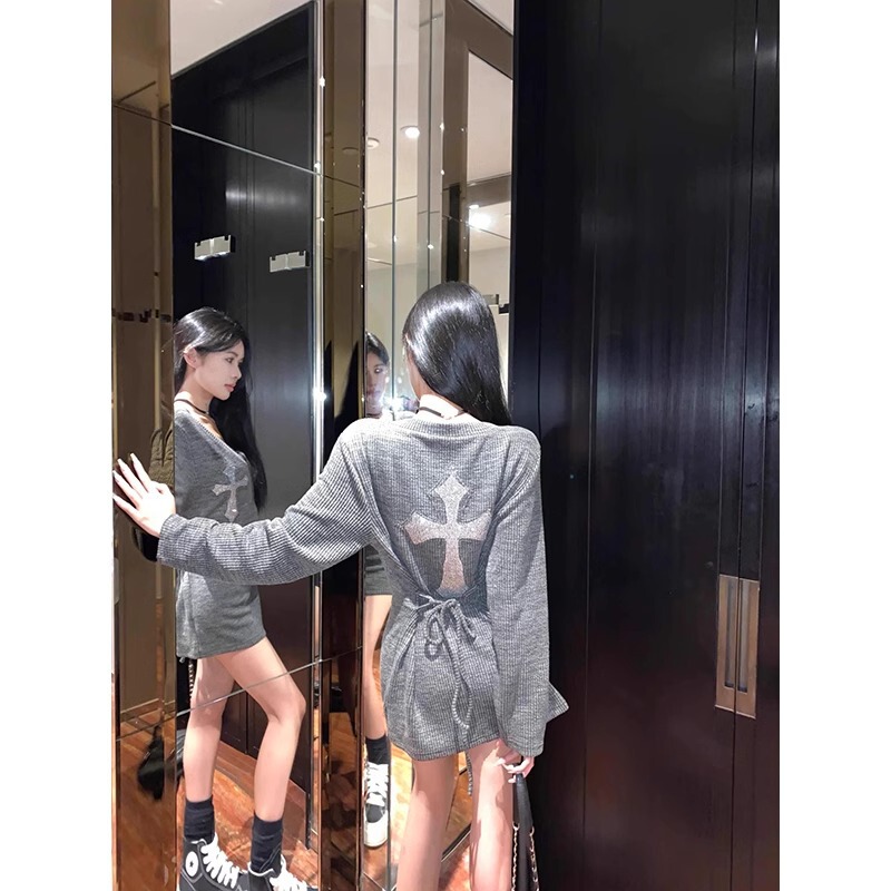 Hot Girl Style Cross-Pattern Knit Bodycon Dress with Tie-Up T-Shirt for Women, 2026 Autumn and Winter New Long-Sleeve Top