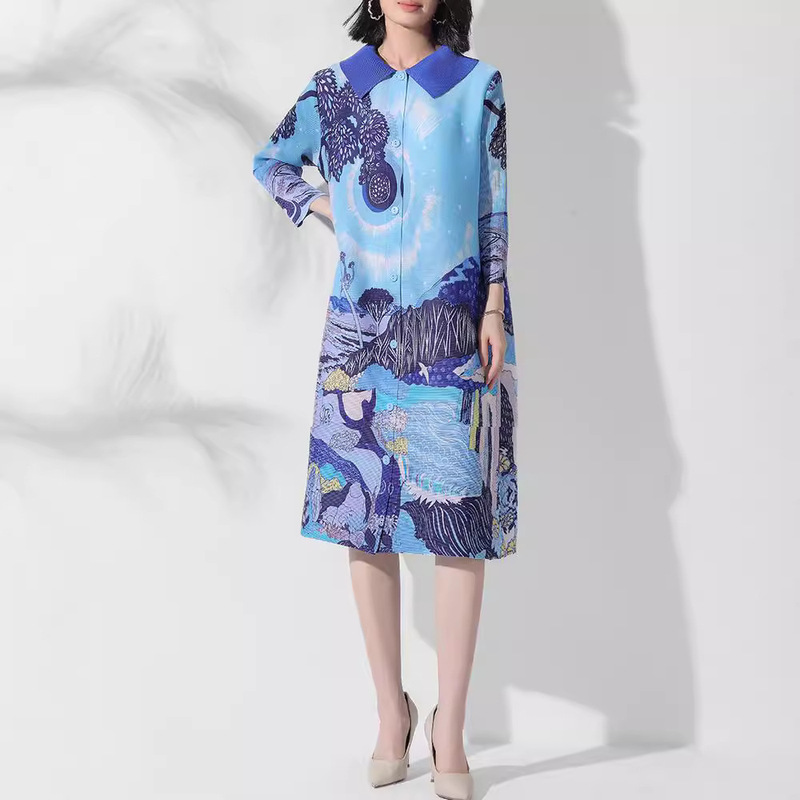 Pleated 2024 Autumn New Women's Printed Lapel Cardigan Single-breasted Loose plus size Elastic Foreign Trade dress