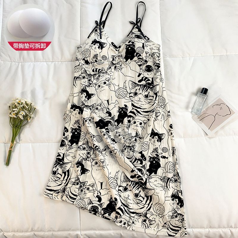 Pijamas transfronterizos mujer verano imitación algodón arrugado tela 150g con almohadilla para el pecho desmontable casual dulce y lindo vestido de longitud media