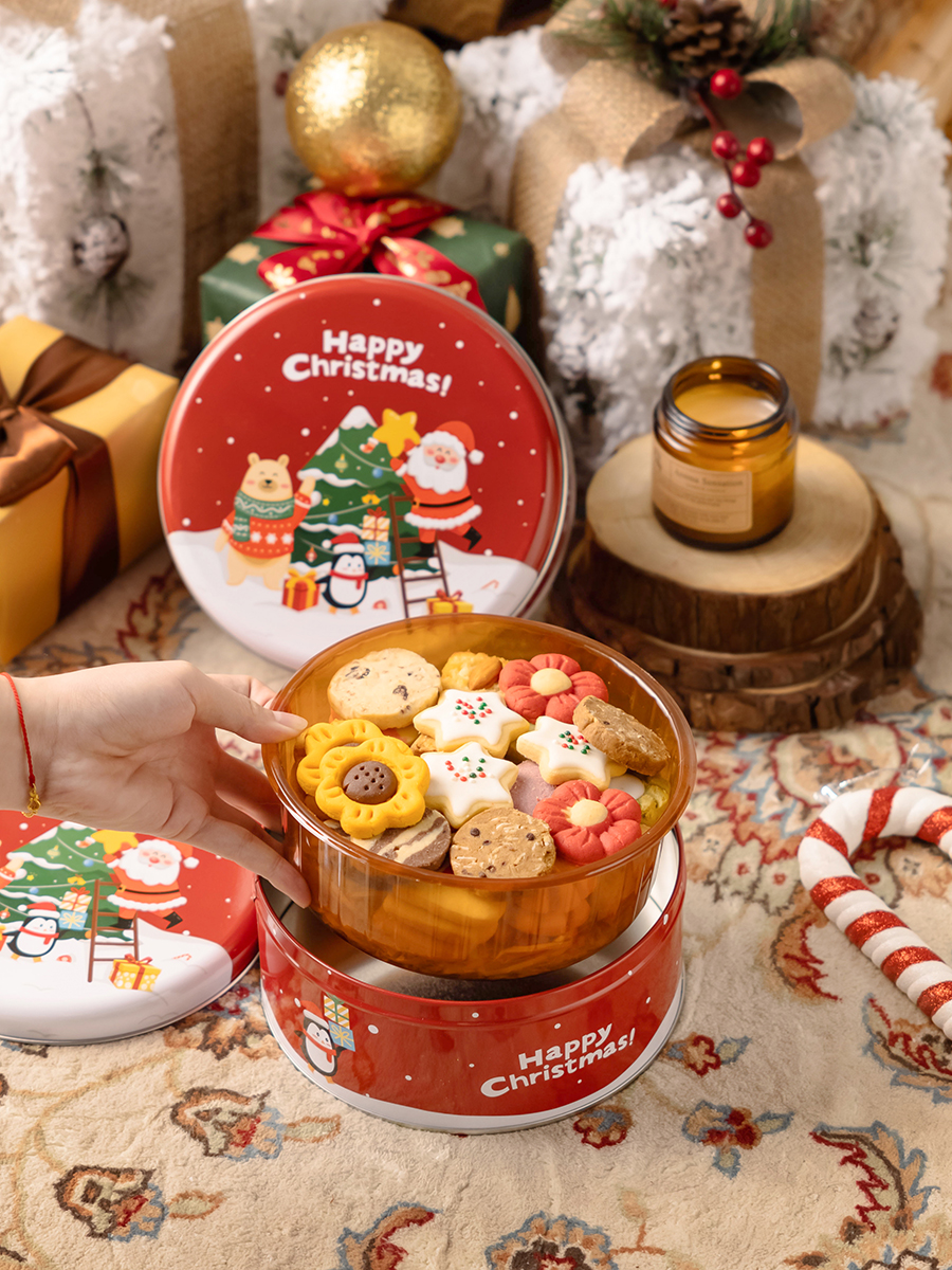 Caja de hierro soporte interno soporte de plástico soporte de dulces galletas de plástico caja de bocadillos soporte inferior envasado de horneado de alimentos redondos