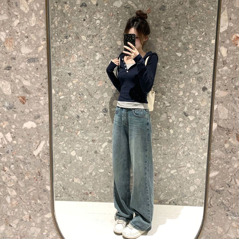 大码设计感纽扣连帽长袖t恤女2025秋季修身显瘦假两件小众上衣ins|undefined