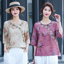 2025夏装圆领T恤绣花民族风中袖气质宽松遮肚子新中式国风上衣女