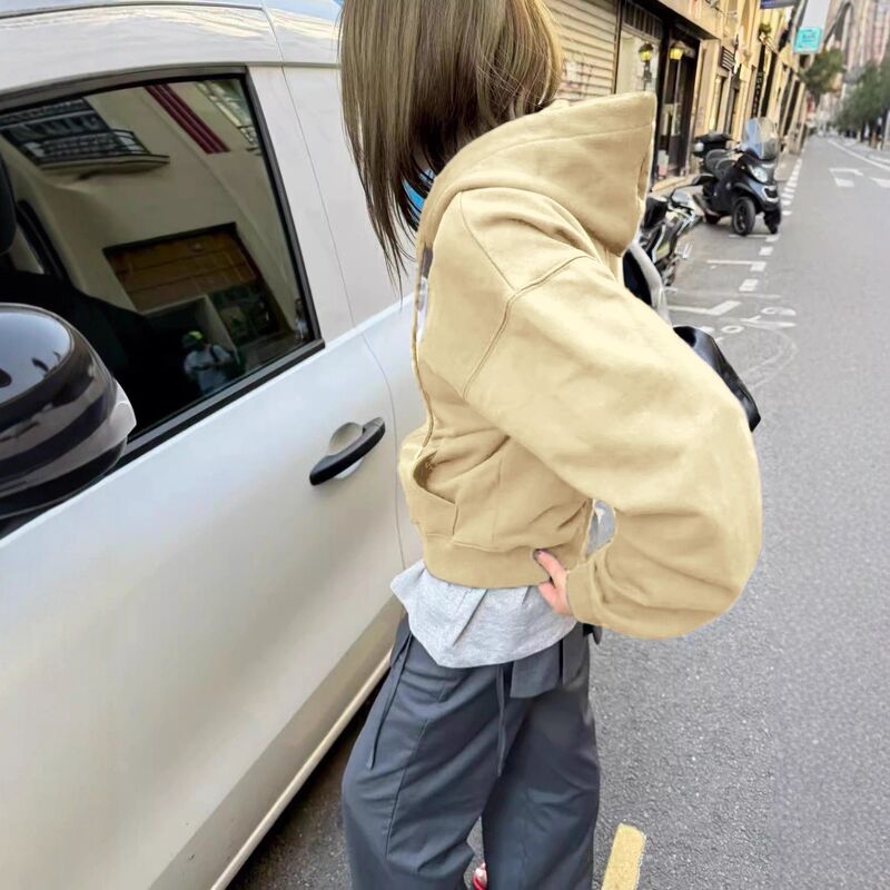 青岛即墨卫衣秋冬新款拉链抽褶连帽开衫慵懒风短款开衫上衣日韩风|undefined