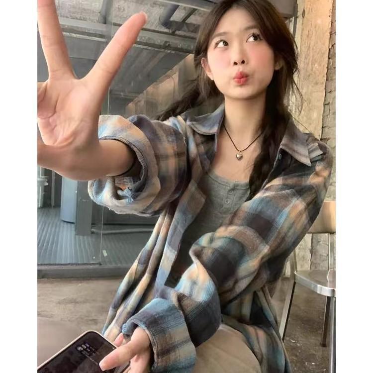 春季格子衬衫女韩版慵懒时尚宽松显瘦百搭开衫休闲外套女装粉色|undefined