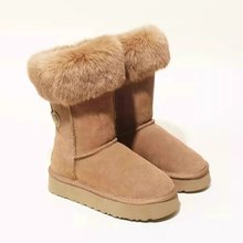 东北真皮内增高雪地靴女高筒2025年新款冬季保暖加绒厚底兔毛棉鞋