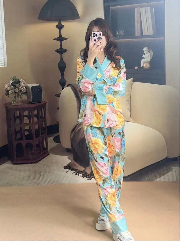 春夏油画鲜花休闲居家清凉睡衣V领套装女舒适时尚洋气两件套女装|undefined