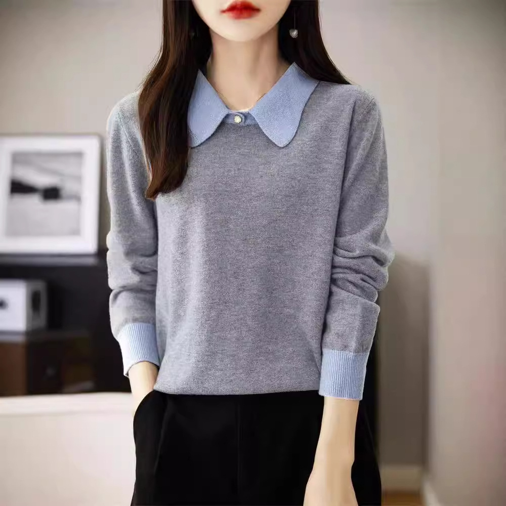 Japanese and Korean Style Polo Collar Pullover Sweater Women's Spring and Autumn Loose Lazy Color Matching Knitted Shirt Base Shirt Inner Stacked Top
