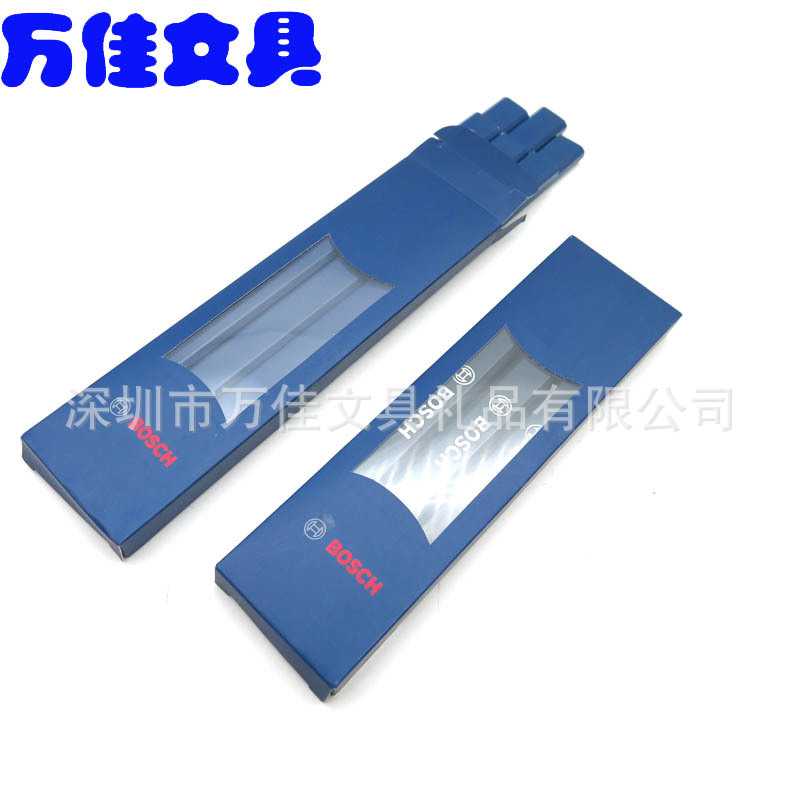 6支八角木工铅笔 蓝色油漆蓝色纸盒套装 裱PVC透明片盒装木工铅笔