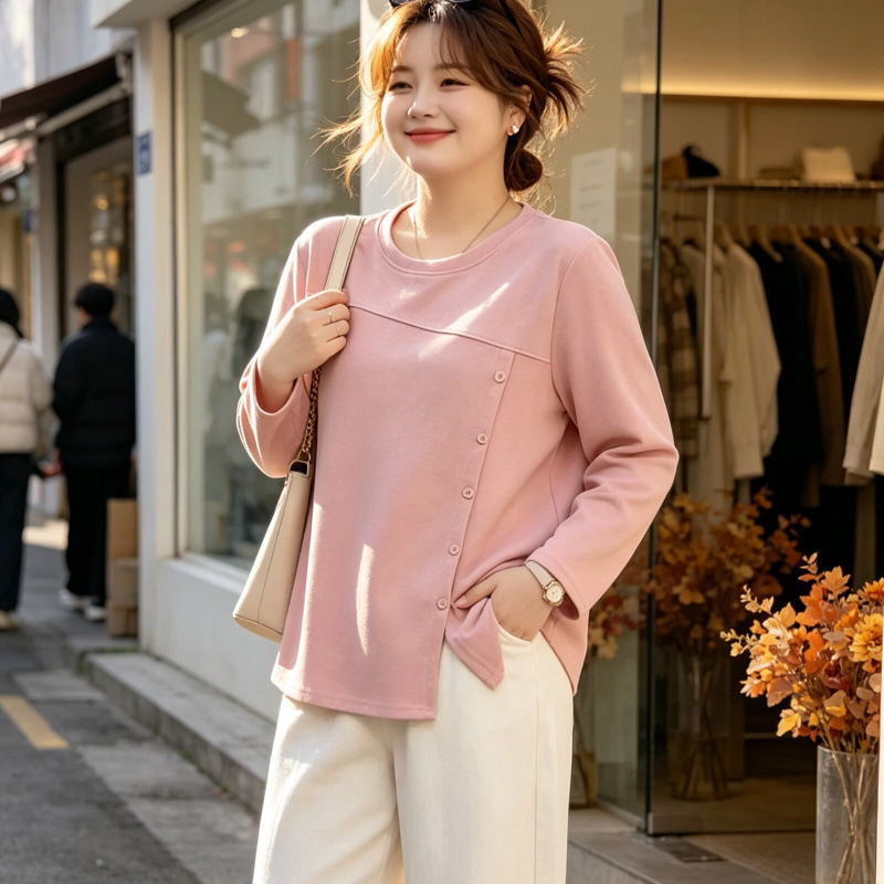 여성 빅사이즈 루즈핏 버튼 슬릿 긴팔 티셔츠 L-4XL 가을 겨울 데일리 상의
