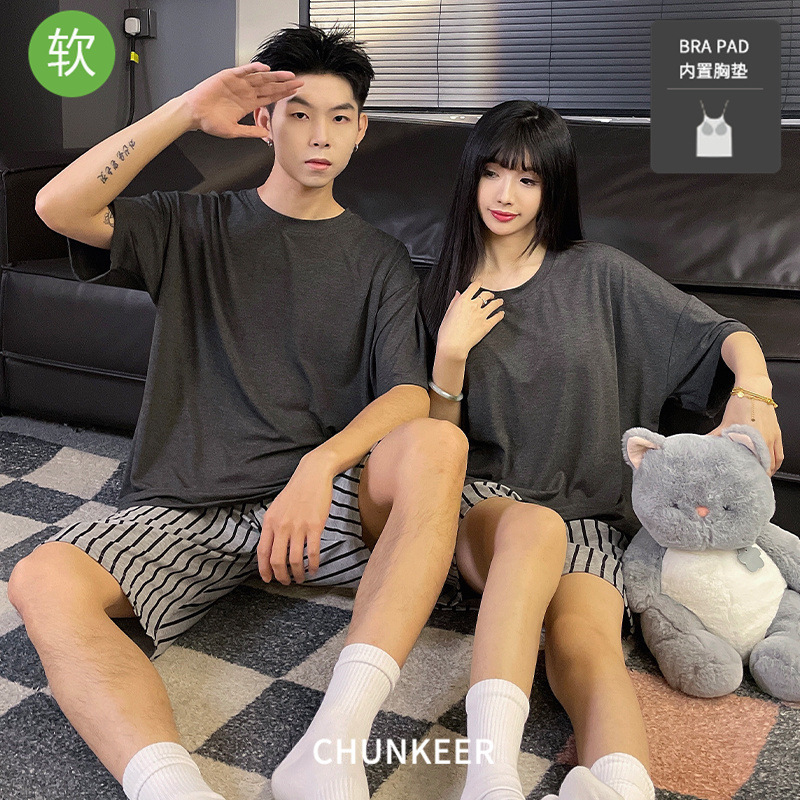 Modal Couple Pajamas suit Women's Summer Fashion Vertical Stripe Solid Color Short Sleeve Shorts Home Wear Men's Outwear