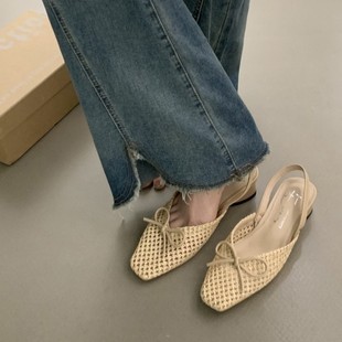 Vintage Woven Hollow Toe Sandals Women's 2025 Summer New Square Toe Bow Beach Roman Shoes Thick Heeled