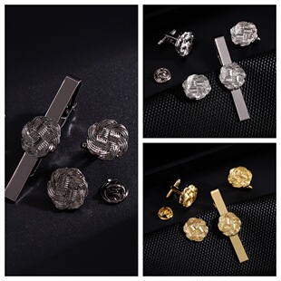 Cross-Border Hot Selling Versatile Gold Cufflinks Collar Clip Brooch Four-Piece Set Men's Round Pattern Suit Shirt