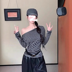 黑色条纹斜肩甜辣打底内搭长袖T恤女款2025年新款初秋设计感上衣