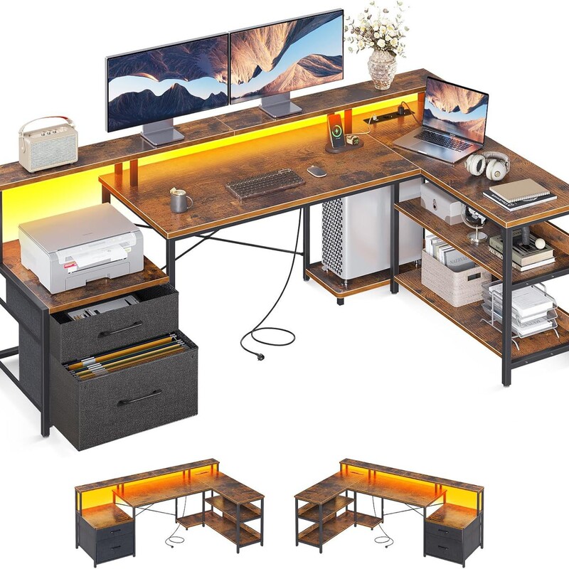 Factory-Customized L-Shaped Office Desk with Led Lights, Reversible Corner Design, with Drawers and Storage Space, Large Size Factory-Customized L-Shaped Office Desk with Led Lights, Reversible Corner Design, with Drawers and Storage Space, Large Size