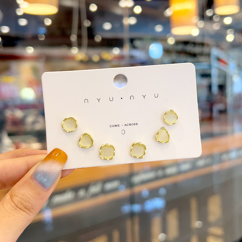 Pendientes de ópalo geométrico con aguja de plata Pendientes de moda coreana de tres piezas Pendientes de alta calidad