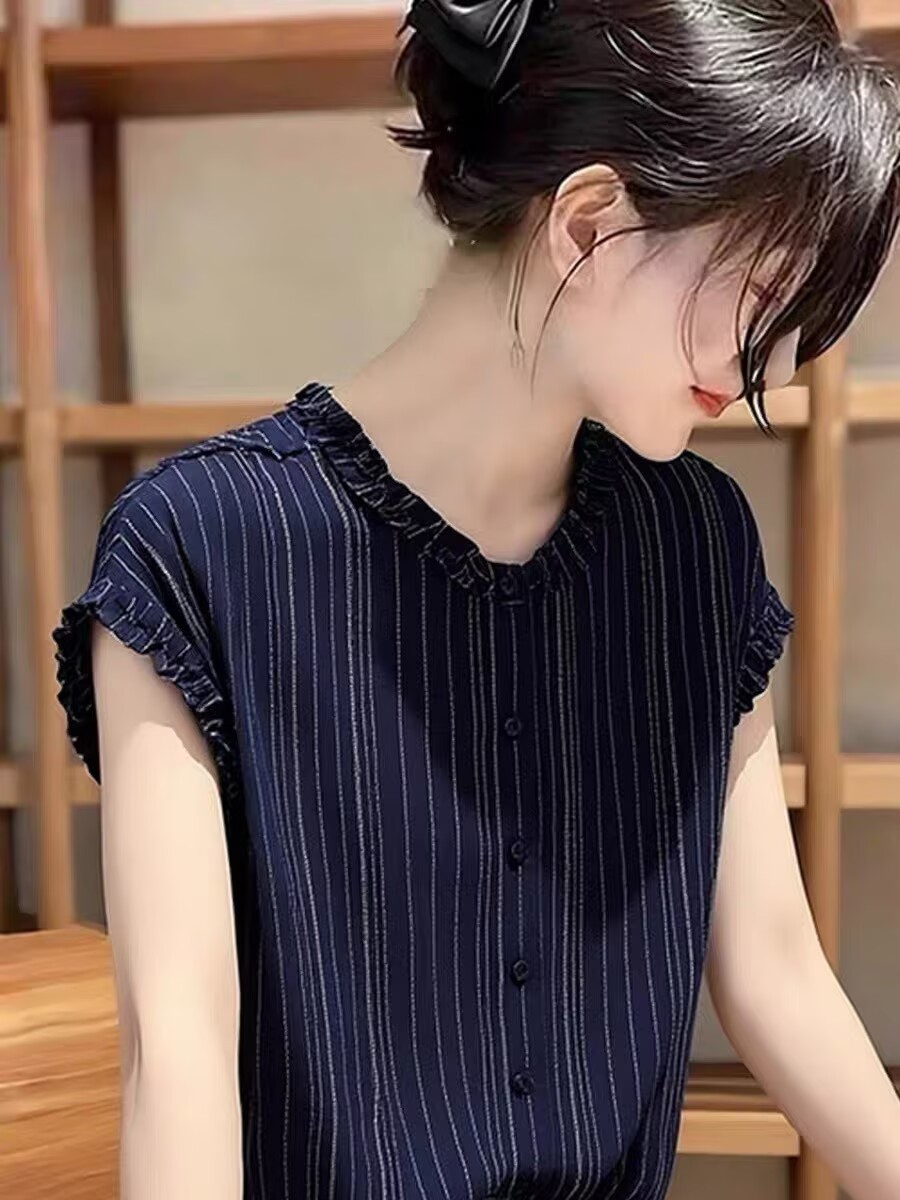 Áo sơ mi nữ ngắn tay sọc kẻ, cổ bẻ tay ngắn, phong cách công sở — Sọc Tây Tạng