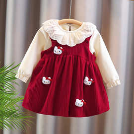 2025秋冬季女童加绒打底衫儿童背带裙两件套洋气卡通女宝宝套装批