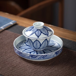 Live broadcast same style Jingdezhen antique mud green banana leaf cover bowl tea cup single high-end household ceramic Kung Fu Tea Bowl