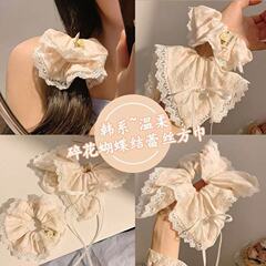 韩系春夏蝴蝶结大肠发圈女款蕾丝碎花头绳粉色方巾大号发饰