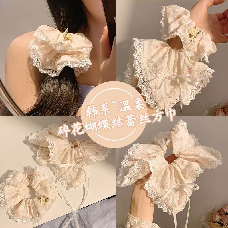 韩系春夏蝴蝶结大肠发圈女款蕾丝碎花头绳粉色方巾大号发饰|undefined