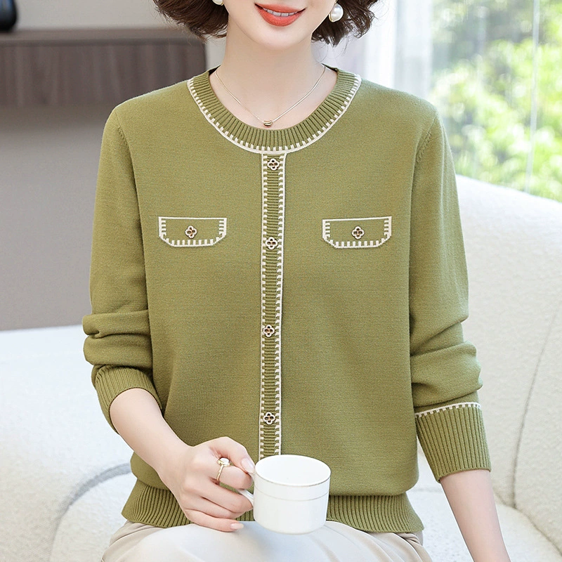 Женский осенний вязаный топ, стильная блузка, новинка 2025 года, тонкий весенне-осенний свитер для женщин среднего и старшего возраста, базовая рубашка.