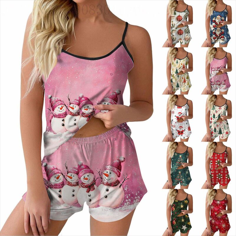 2024 Women's Fashion Christmas Printed Set Sleeveless Top and Shorts Matching Pajamas European and American Style