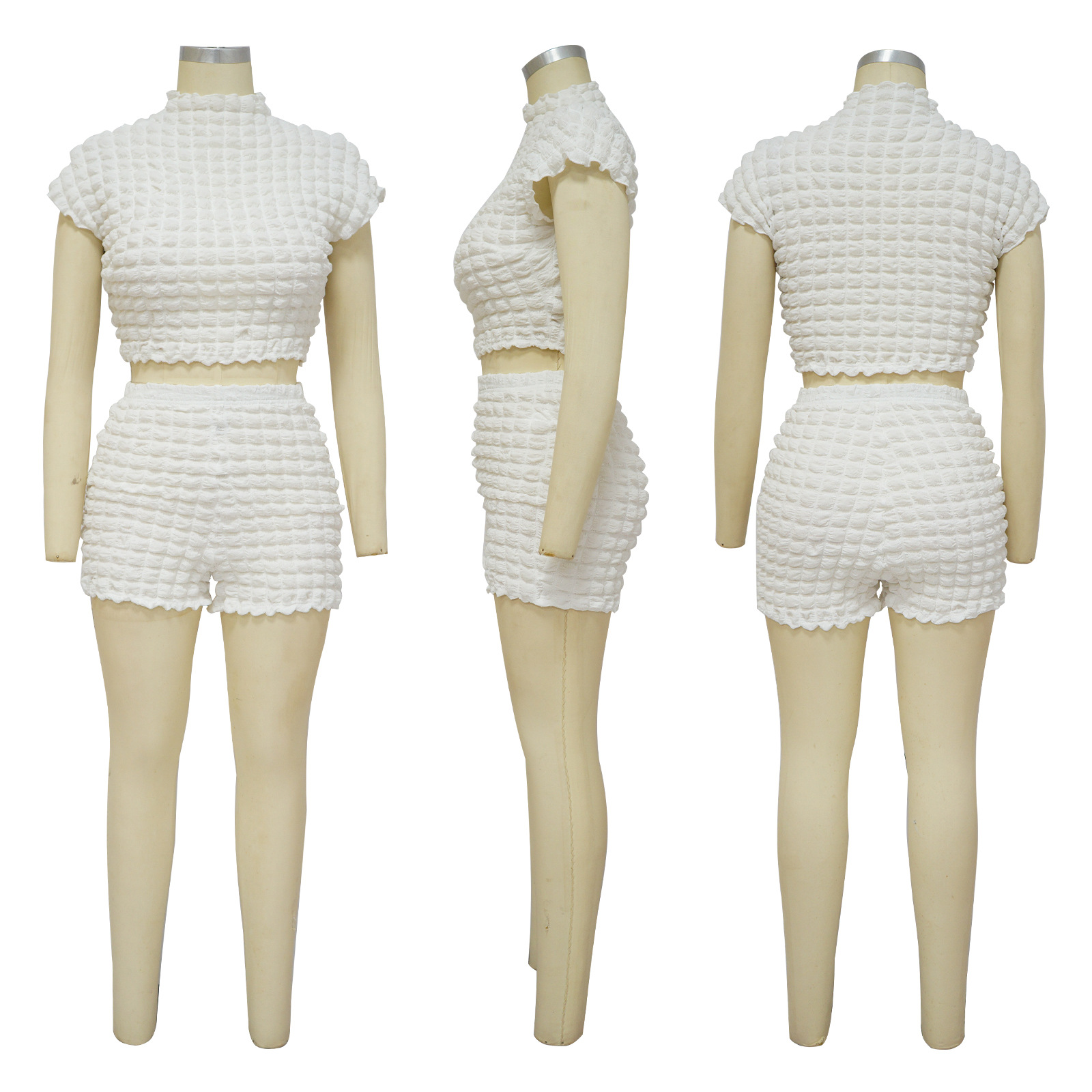 Women's Sleeveless Cropped Two Piece Set Bubble Popcorn Shorts_ecoleips.com