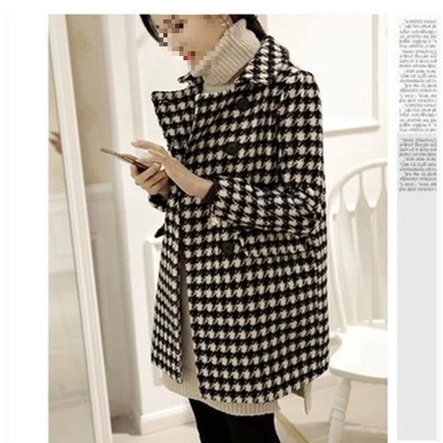 Early Spring and Autumn New Double-Breasted Mid-Length Houndstooth Coat Korean Style Cocoon Woolen Coat Women's Fashion