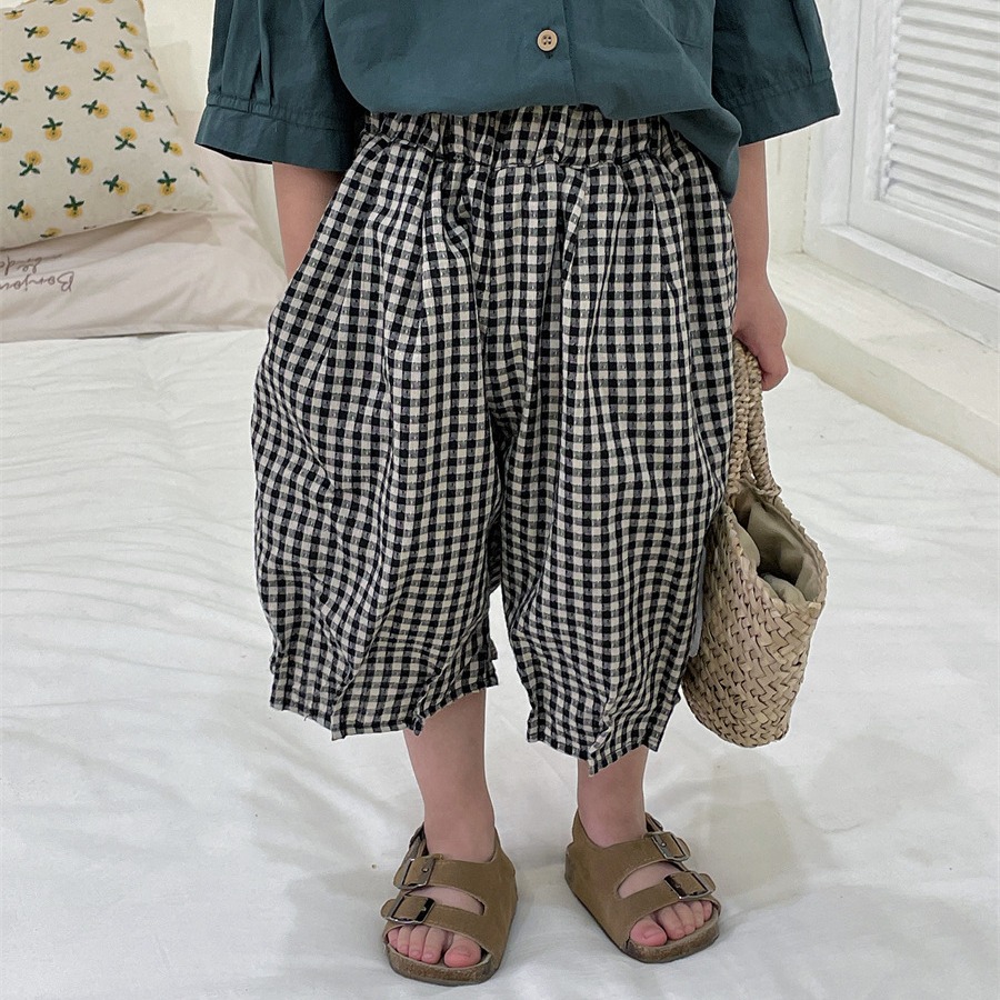 Jiaye Children's 2024 New Summer Clothing Children's Cotton and Linen Plaid Cropped Pants for Men and Women Baby Japanese Loose Bloomers