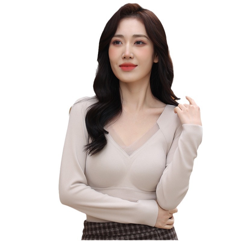 8805 가을 겨울 따뜻하고 흔적이 없는 그래핀 벨벳 긴팔 탑 브이넥 고정 가슴 패드 자체 가열 바닥 셔츠