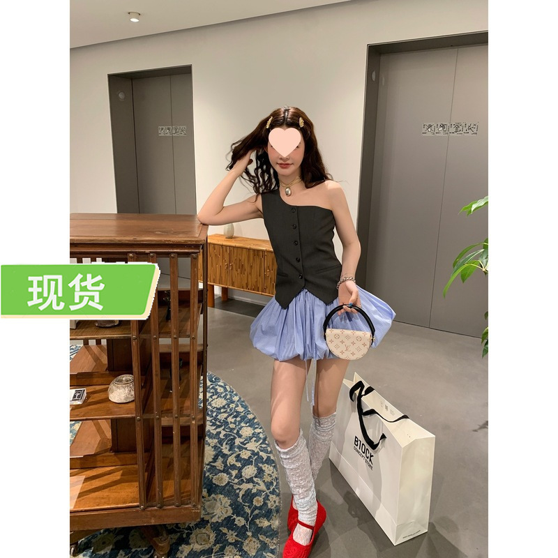le rouge Zhou meimei shoulder focus simple high gray green diagonal shoulder fashionable suit vest
