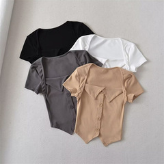 純欲風辣妹女裝夏季時尚方領短袖T恤衫性感排扣設計修身短款上衣