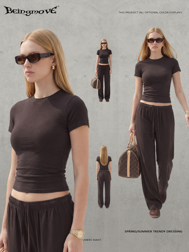 Calle secada| Nuevos productos de primavera y verano, Europa y América, chicas calientes, hombros altos elásticos, camisetas de manga corta, camisetas de ocio diarias, mujeres