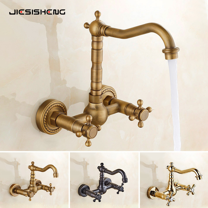 Antique Brass Wall-Mounted Hot and Cold Basin Faucet Wall-Mounted Household Double-Handle Balcony Washbasin Faucet