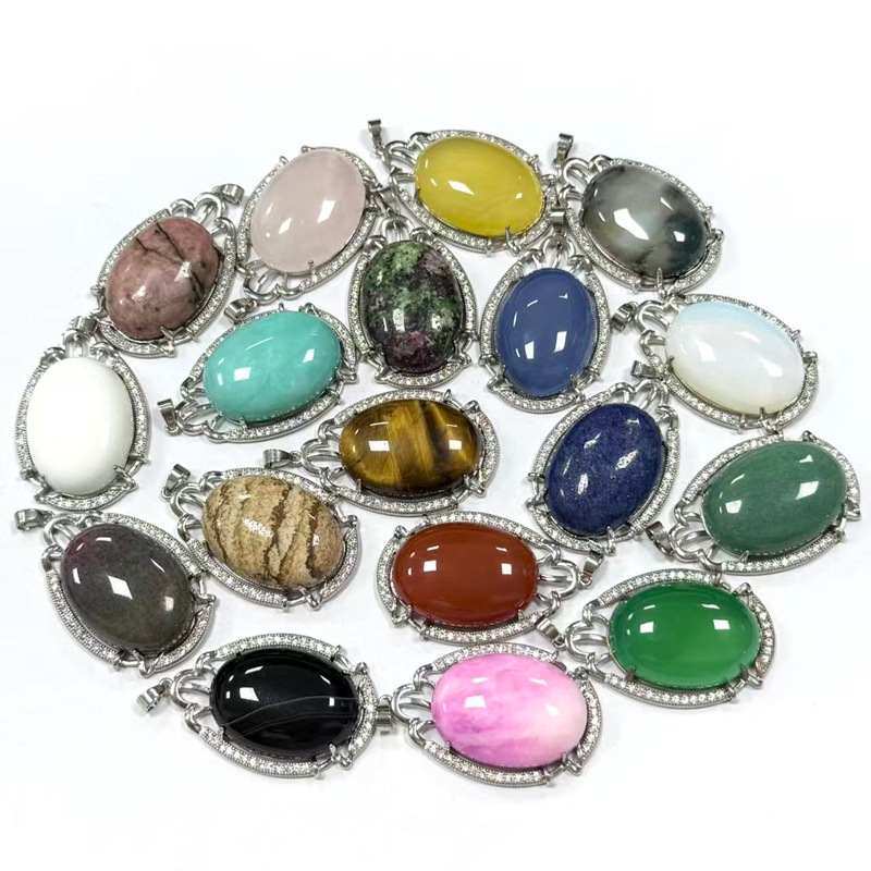 厂家直销源头批发现代简约天然粉晶18*25mm蛋面锆石镶嵌吊坠配件