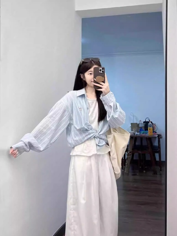 韩系慵懒风蓝色条纹衬衫2025新款女早秋外搭长袖衬衣夏季防晒外套|undefined
