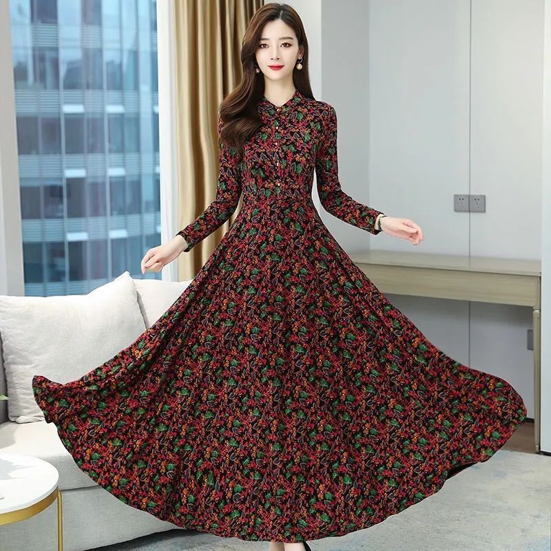 2026 Spring and Autumn New Elegant Mom Style Long Sleeve Slim Fit Long Dress Plus Size Floral Flared Dress