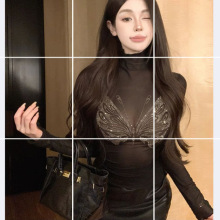 时尚纯欲风褶皱网纱打底衫烫钻上衣女春秋气质内搭T恤5460